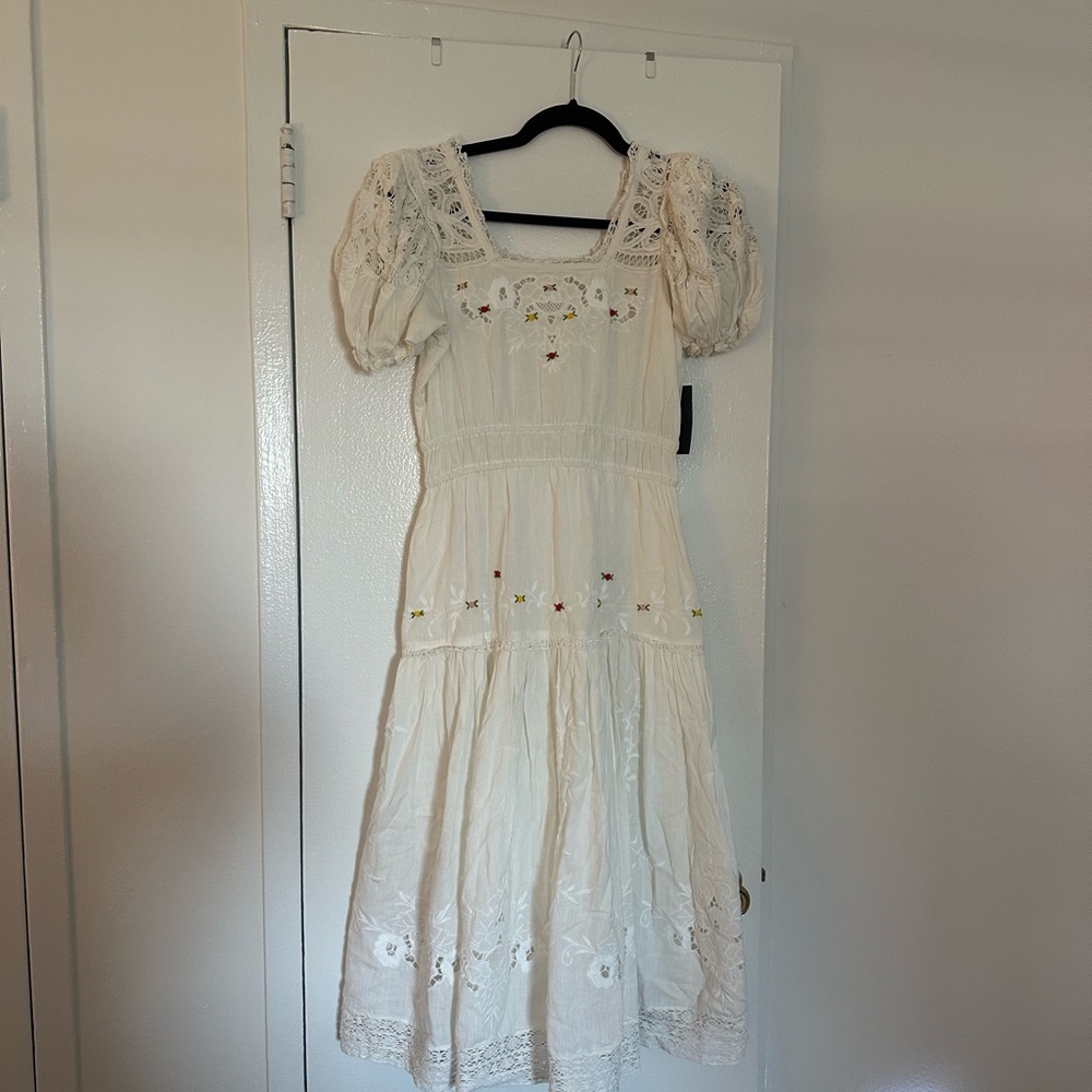 LoveShackFancy White Lace Dress with Floral Embroidery